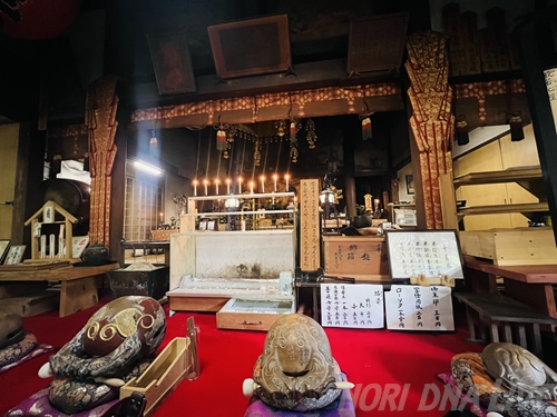 厳かな空気が満ちる奥不動寺の本堂内部。赤い絨毯が敷かれた内陣に、木魚や燭台、供物が整然と並び、お不動様への信仰の深さを感じさせる。